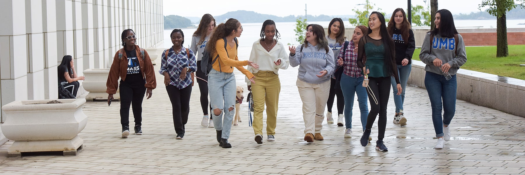 Group of students walk on plaza.