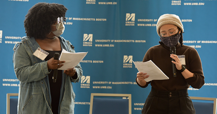 Spoken word artists, students Layanie Oscar and Celine Voyard, perform.