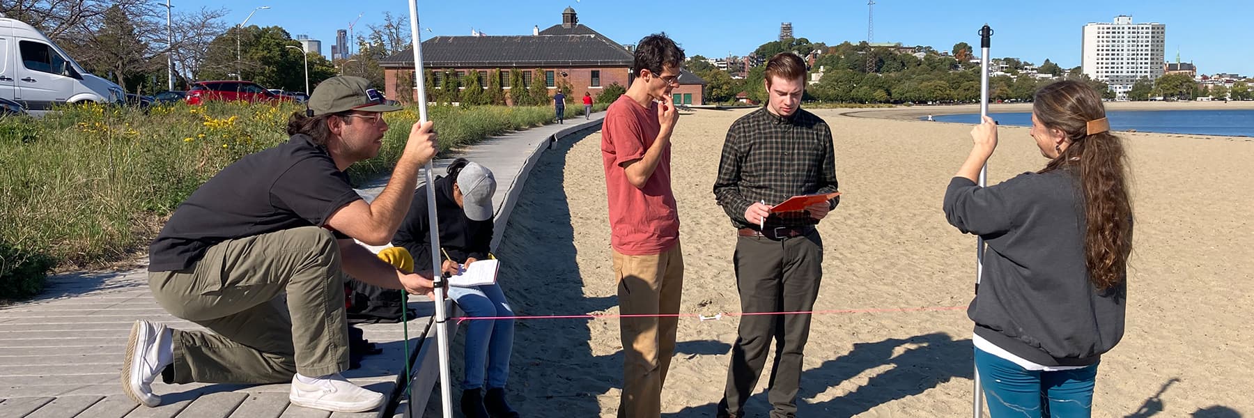 students conduct research at Carson Beacon near boardwalk.